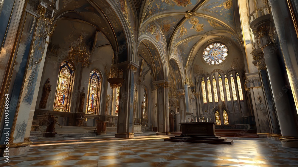 Fototapeta premium Grand church interior with stained glass