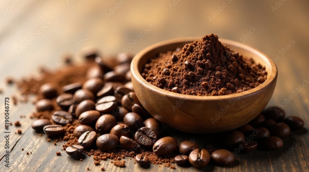 Aromatic Ground Coffee Beans and Powder in Wooden Bowl on Rustic Table Aromatic Ground Coffee Beans and Powder in Wooden Bowl on Rustic Table
