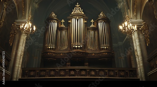Grand pipe organ in church interior