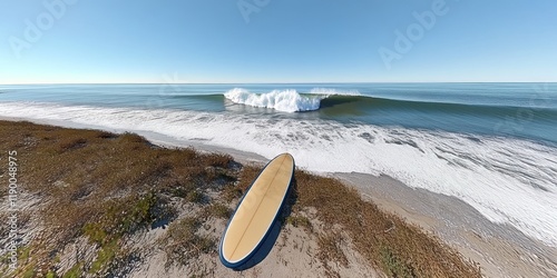 Surfboard on a Serene Beach with Rolling Waves for Surfing and Leisure Activities photo