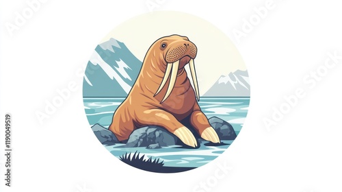 Arctic walrus resting coastal rocks, mountains background, wildlife illustration photo