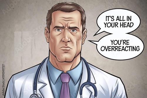 A male doctor in a white coat dismissively saying 'It's all in your head' and 'You're overreacting,' illustrating medical gaslighting. Best suited for media outlets covering healthcare issues photo