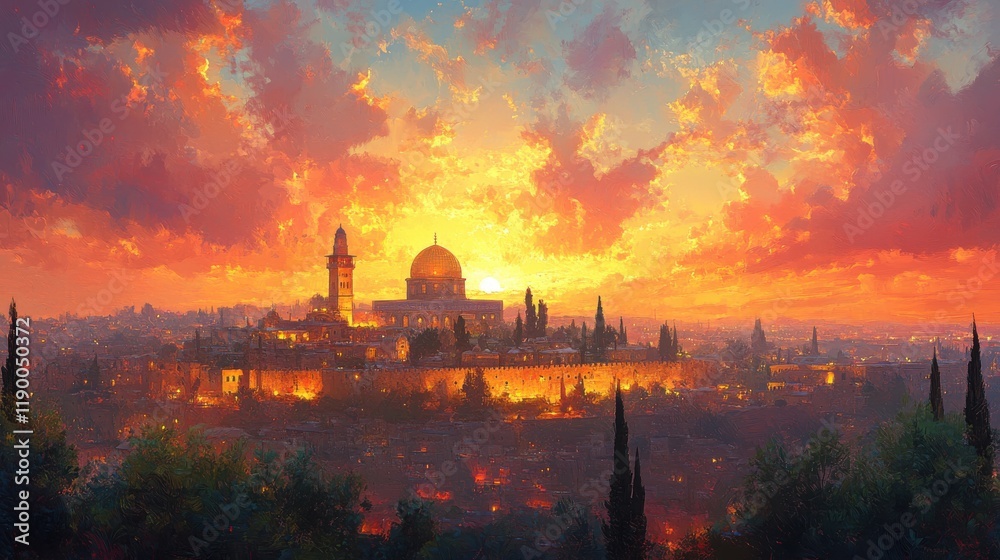 Fototapeta premium biblical jerusalem digital painting of the old city at sunset