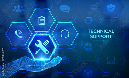 Technical support. Customer help. Tech support icon in wireframe hand. Customer service, Business and technology concept. 24 hours servises. 24-7 support. Vector illustration.