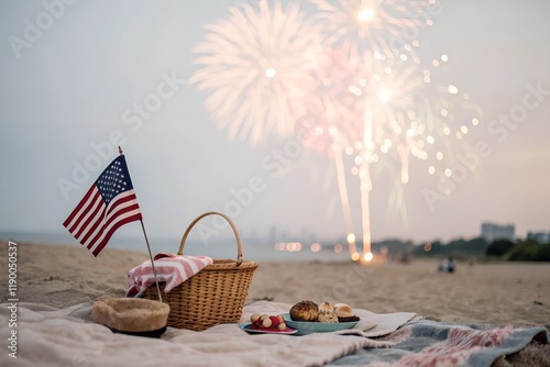 Picnic setup with small flag and fireworks