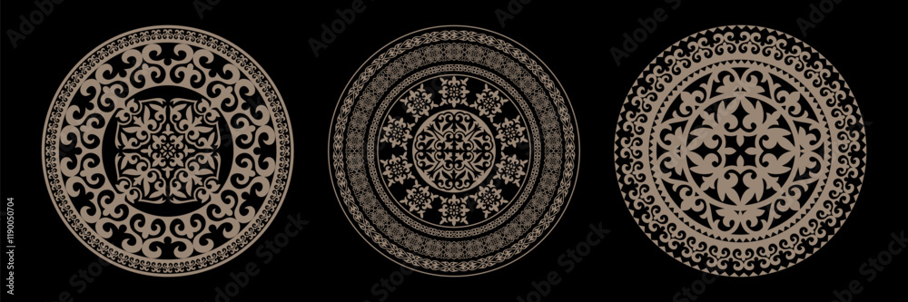 Obraz premium Collection of decorative gold round Muslim ornamental frame, Persian motif on white background. Circle frame. Islamic, Arabic, Indian motif. For invitation, engraving, Gold Medallion, embroidery