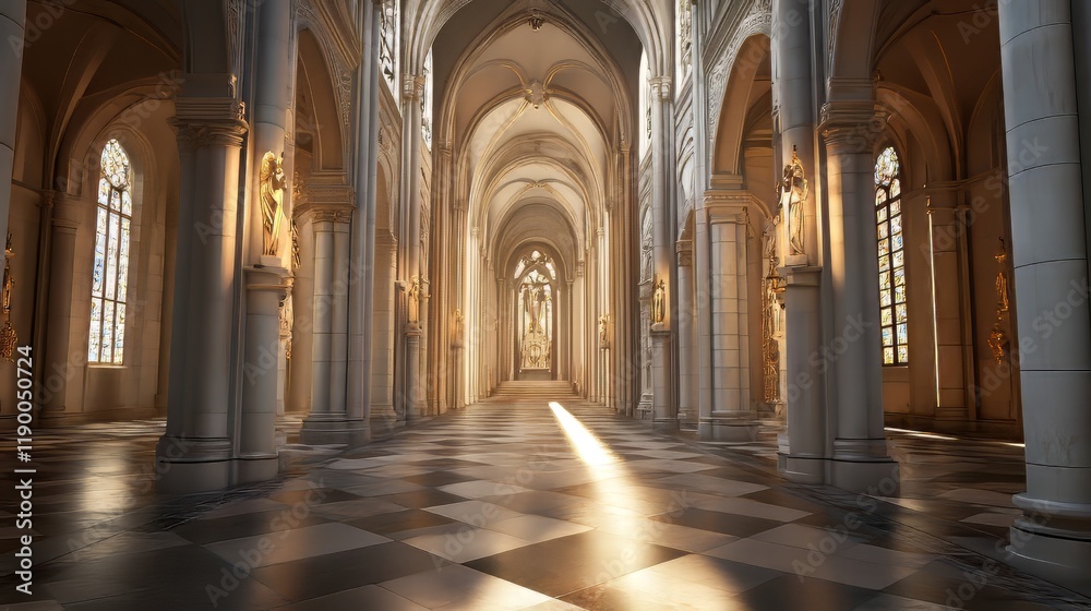Fototapeta premium Sunlit cathedral aisle, serene beauty