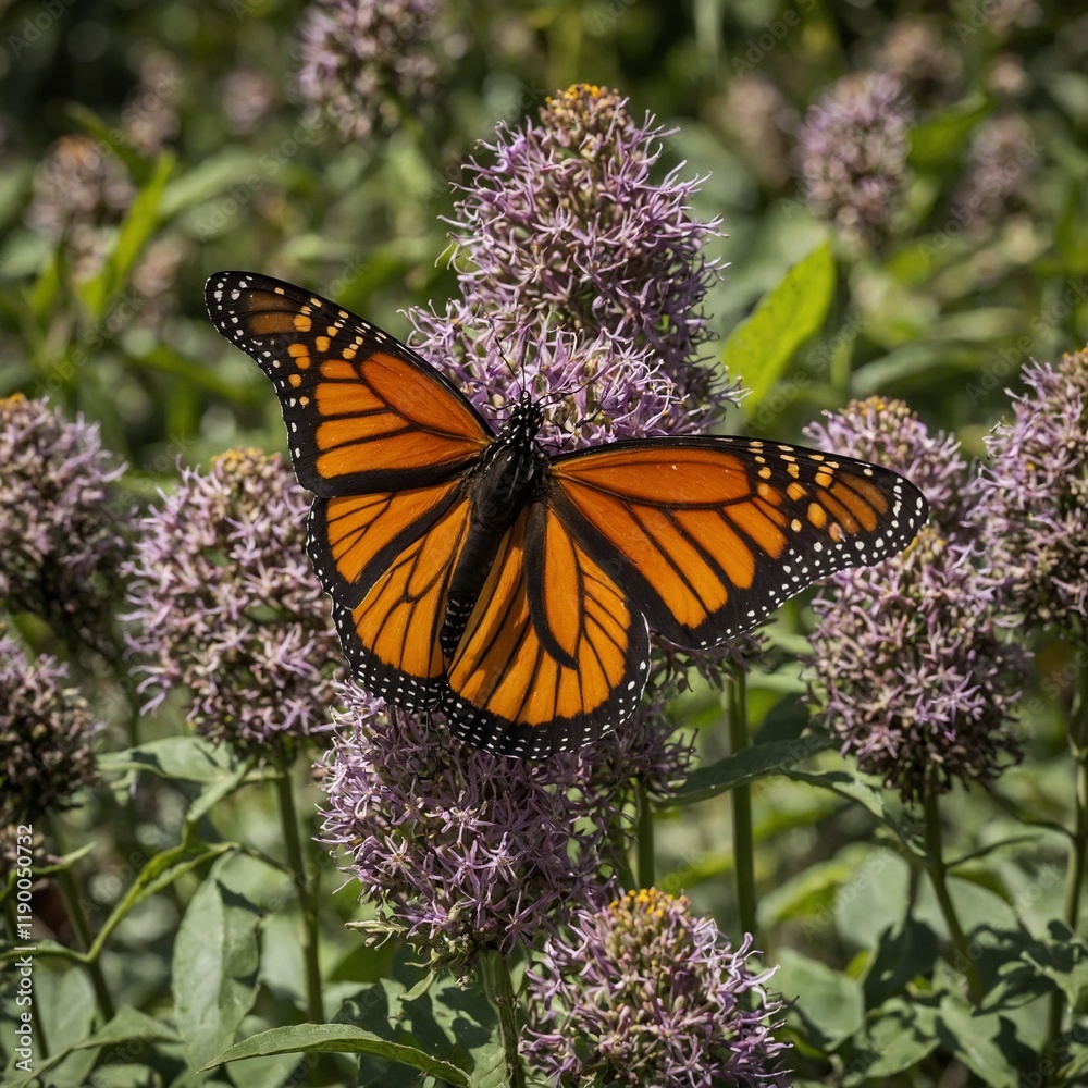 Obraz premium The Monarch butterfly, an endangered species, thrives in pollinator gardens, providing crucial ecological benefits. 