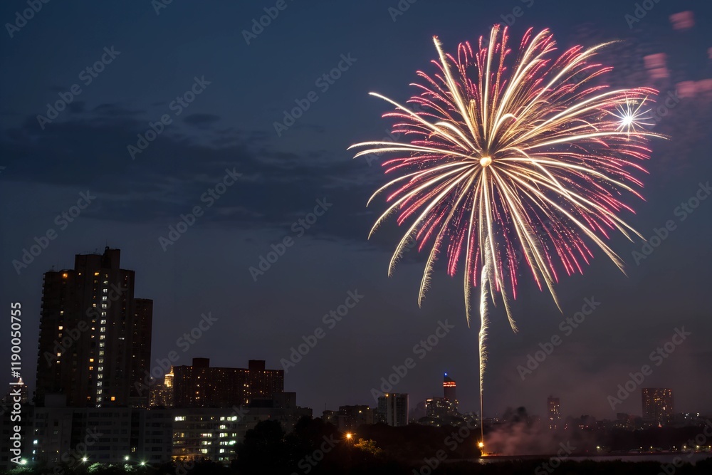 Fireworks in a star-shaped pattern over a cityscape
