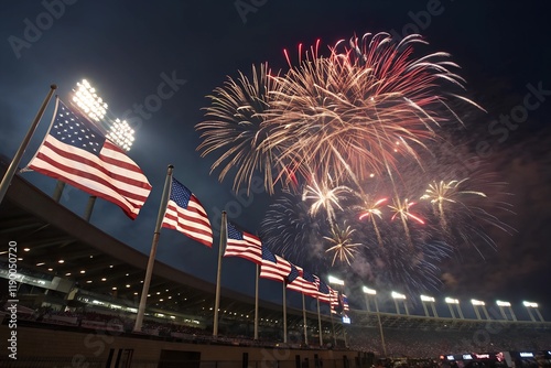 Fireworks over a stadium with waving flags