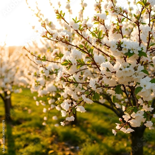 A beautiful orchard in spring, with fruit trees in full bloom and petals covering the ground