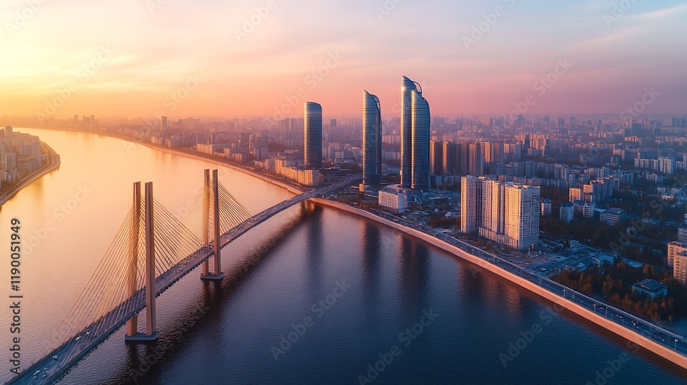 Naklejka premium Sunrise cityscape bridge aerial view river.