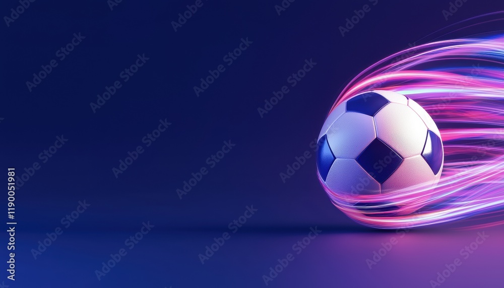 Fototapeta premium A dynamic soccer ball in motion, surrounded by vibrant streaks of color, set against a deep blue background.