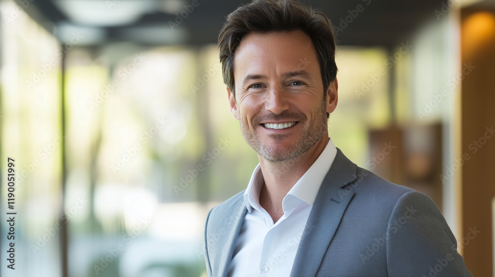 Fototapeta premium Professional portrait of a confident CEO smiling in business attire with a modern office background