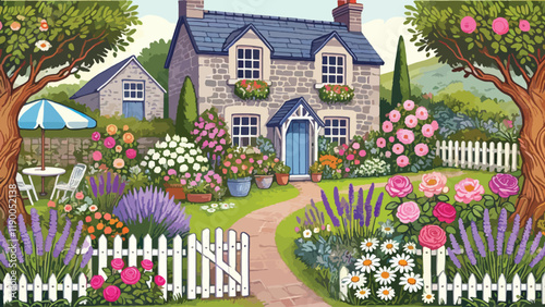 A charming cottage garden in front of a rustic stone house, filled with colorful blooms like roses, lavender, and daisies, a winding brick path leading to the front door.