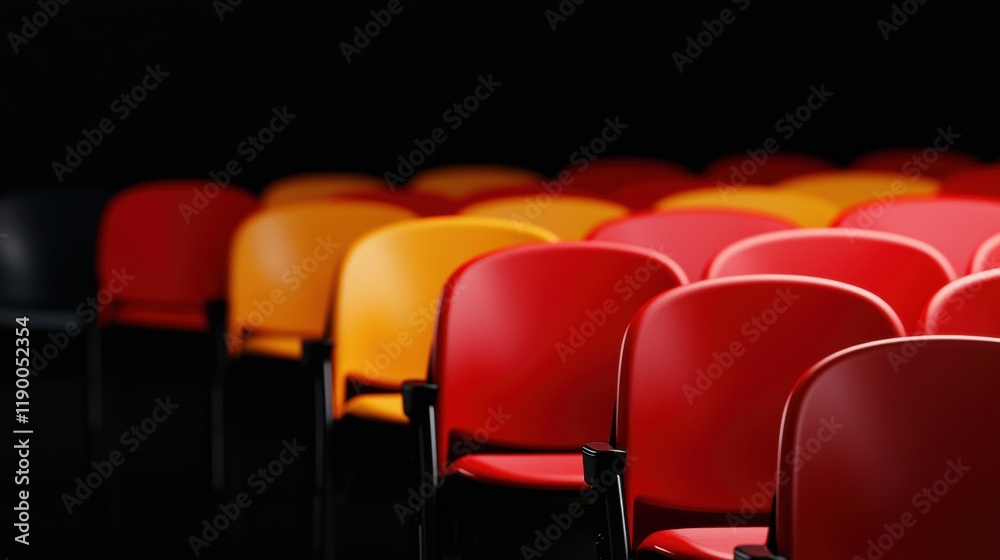 Obraz premium A row of colorful chairs in red, orange, and yellow contrasts against a dark background, creating a vibrant and inviting atmosphere.