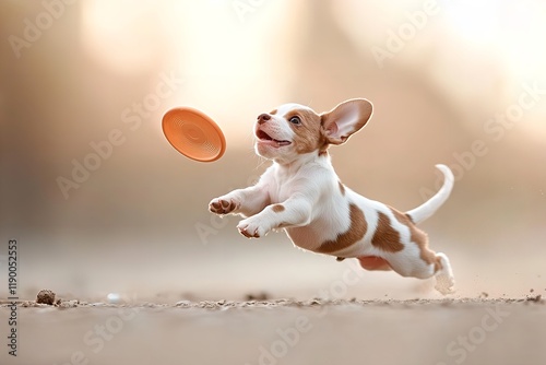 A playful puppy with brown and white spots joyfully springs into the air, mouth open wide, as it reaches for a disc thrown in a park at sunset. The warm light creates a beautiful backdrop photo