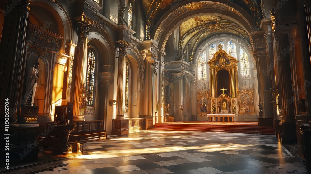 Fototapeta premium Sunlit interior of a grand cathedral