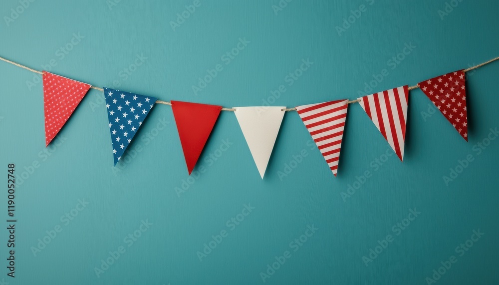 Fototapeta premium Colorful decorative bunting featuring red, white, and blue patterns, perfect for festive celebrations or patriotic events.