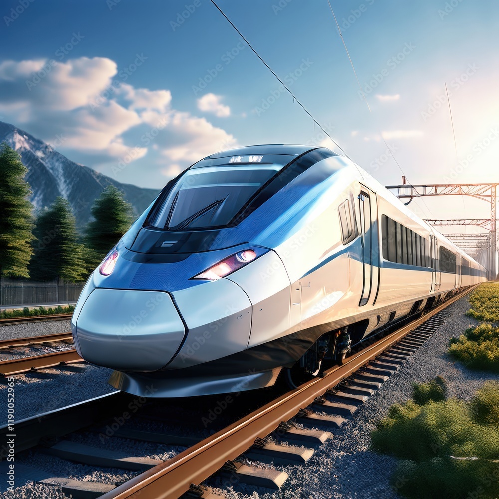 Fototapeta premium the AI Image Generator, Speed Modern Train Gliding on Tracks