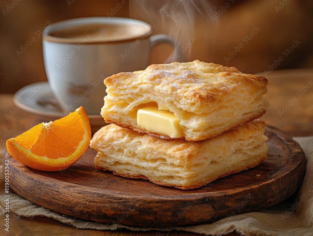 Buttery pastries stacked high, powdered sugar dusting; orange slice nearby. Perfect for breakfast or brunch menus; evokes warmth and comfort. Buttery pastries stacked high, powdered sugar dusting; orange slice nearby. Perfect for breakfast or brunch menus; evokes warmth and comfort.