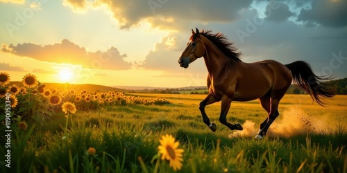 Majestic Chestnut Horse Galloping Through a Sunlit Meadow of Blooming Sunflowers at Sunset