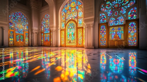 Stained glass mosque interior, sunrise reflection, travel photo