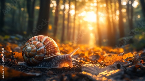 Snail sunset forest autumn leaves nature background photo