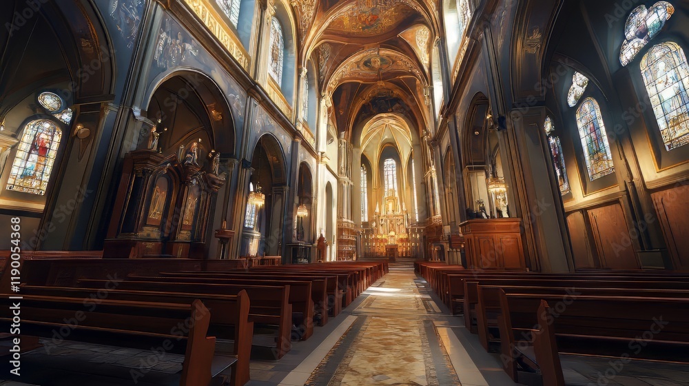 Fototapeta premium Tranquil church interior, sunlight streams in.