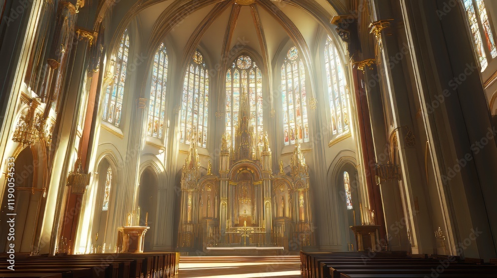 Fototapeta premium Sunlit cathedral interior, serene and grand.