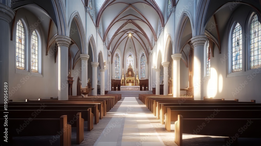 Fototapeta premium Serene church interior bathed in sunlight