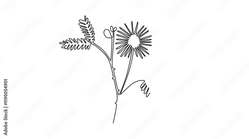 Animated self drawing of continuous line draw beauty fresh mimosa pudica for home decoration wall art poster print. Decorative touch-me-not flower for invitation card. Full length one line animation