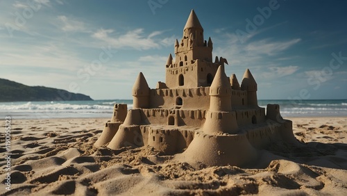 Fototapeta Naklejka Na Ścianę i Meble -  A solitary sandcastle on a deserted beach