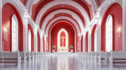 Serene red and white church interior