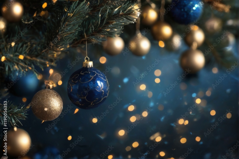 Closeup of festive Christmas tree branch adorned with blue and gold ornaments in dreamy, mysterious bokeh setting. Closeup of festive Christmas tree branch adorned with blue and gold ornaments in dreamy, mysterious bokeh setting.