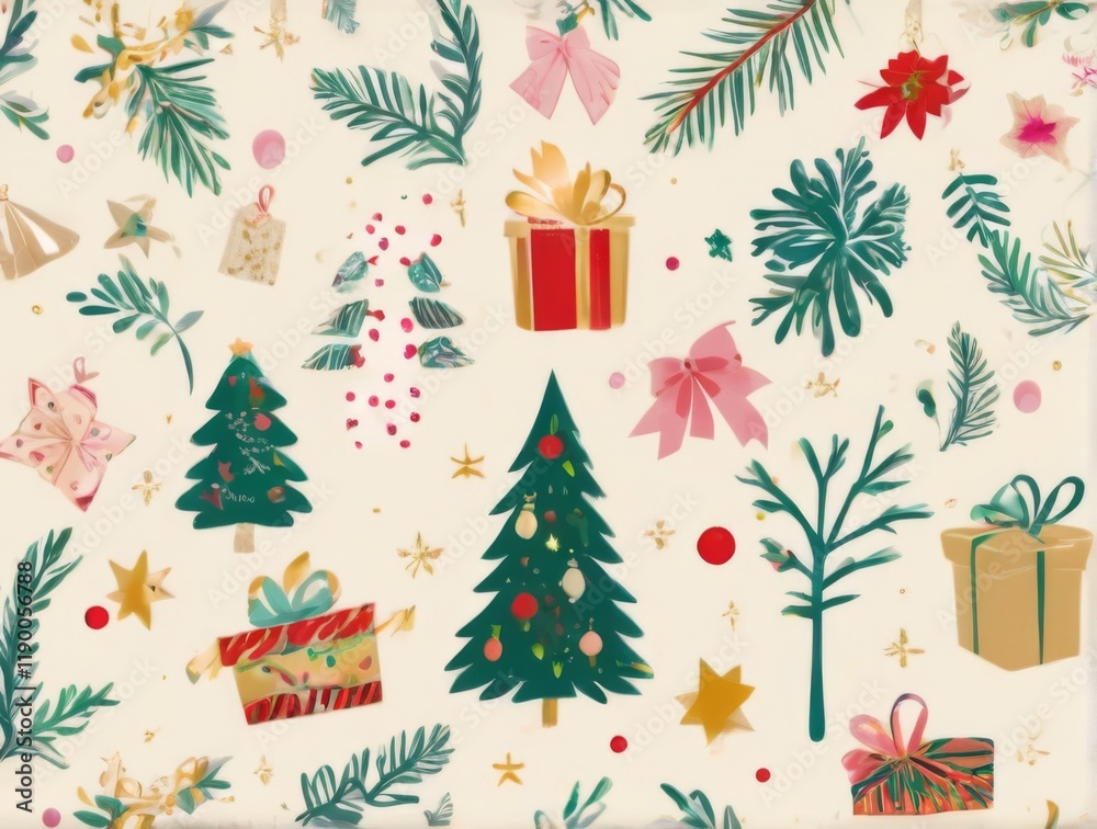Whimsical Christmas pattern with green trees, pink gift boxes, and festive elements on a light beige background. Whimsical Christmas pattern with green trees, pink gift boxes, and festive elements on a light beige background.