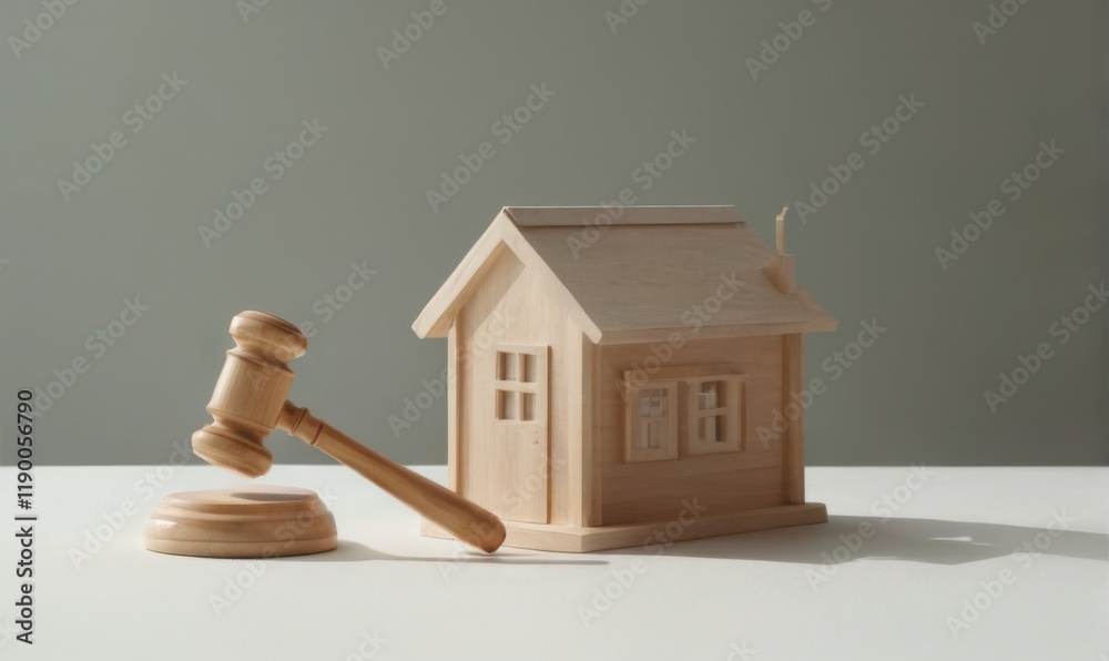 Wooden model house with gavel on top, lightcolored with sloping roof and windows, white background, in a room. Wooden model house with gavel on top, lightcolored with sloping roof and windows, white background, in a room.