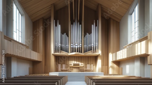 Modern church interior with pipe organ photo