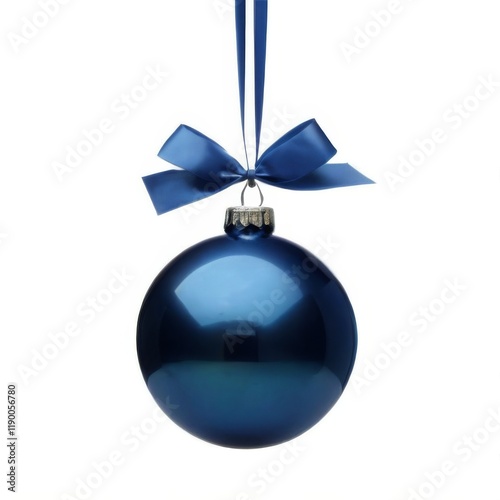 Blue Christmas Bauble with Silver Base and Bow on White Background