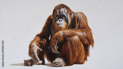 Orangutan sits on a plain background, used for conservation and wildlife educational materials photo