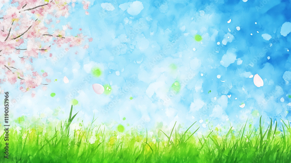 Obraz premium 青空と新緑｜春の草原に舞う桜の花びらの爽やかな風景イラスト