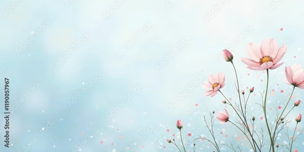 custom made wallpaper toronto digitalSerene Pastel Pink Cosmos Flowers with Soft Blue Background and Delicate Falling Petals