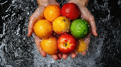 Fresh fruits in hands with water splashes create vibrant scene
