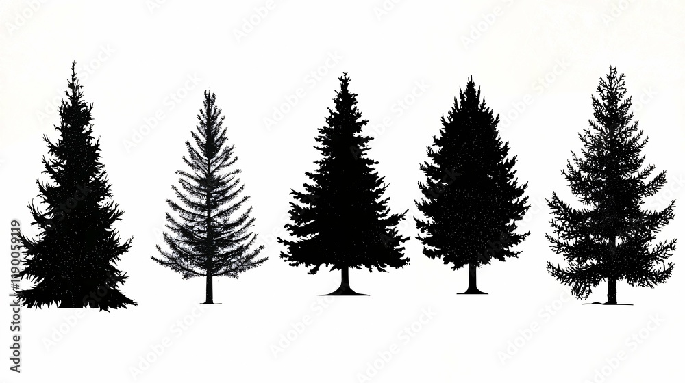 Obraz premium This Christmas tree silhouette set features a variety of elegantly designed tree shapes suitable for holiday graphics and festive marketing.
