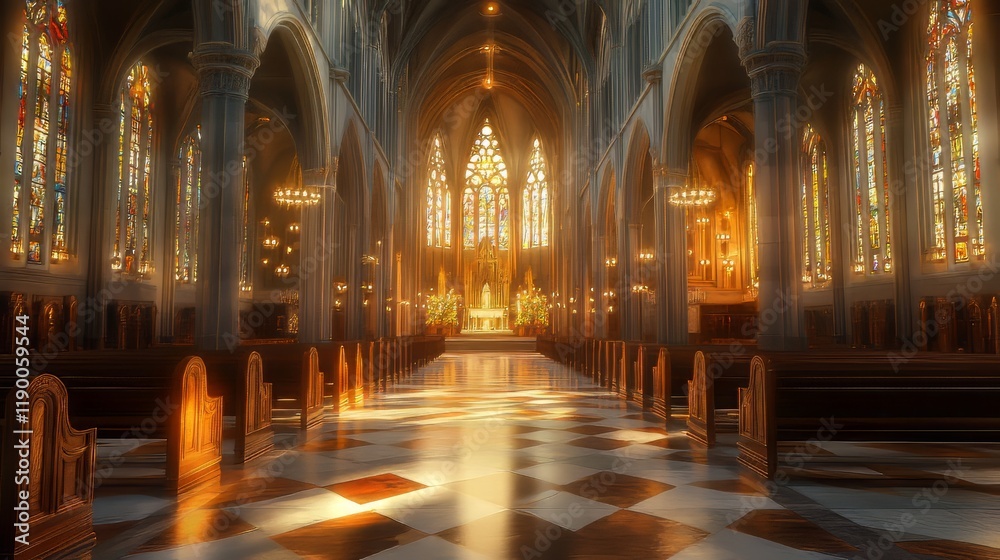 Sunlit interior of a grand cathedral Sunlit interior of a grand cathedral