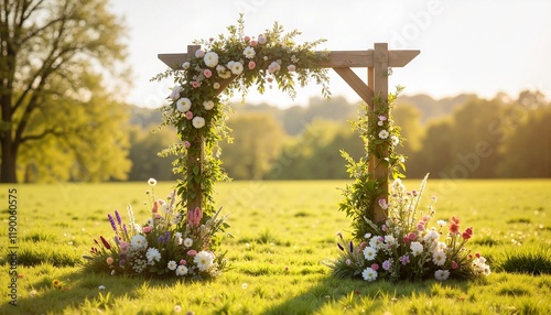 Elegant rustic wooden wedding arch adorned with colorful flowers in a picturesque meadow setting