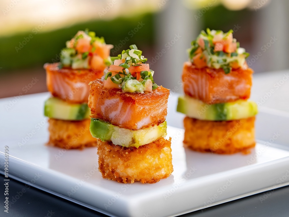 Gourmet salmon appetizer, avocado, crispy base, outdoor setting, event catering Gourmet salmon appetizer, avocado, crispy base, outdoor setting, event catering