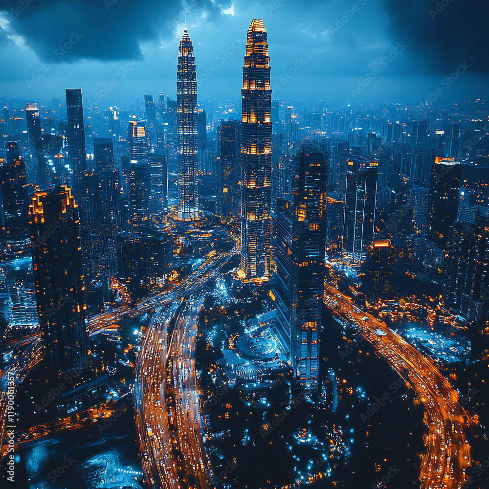 Fototapeta premium Aerial view of a bustling city with iconic landmarks and futuristic architecture