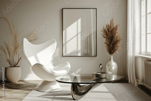 Sleek living room with a white chair, geometric coffee table, and tilted mockup poster frame with dramatic 3D borders.