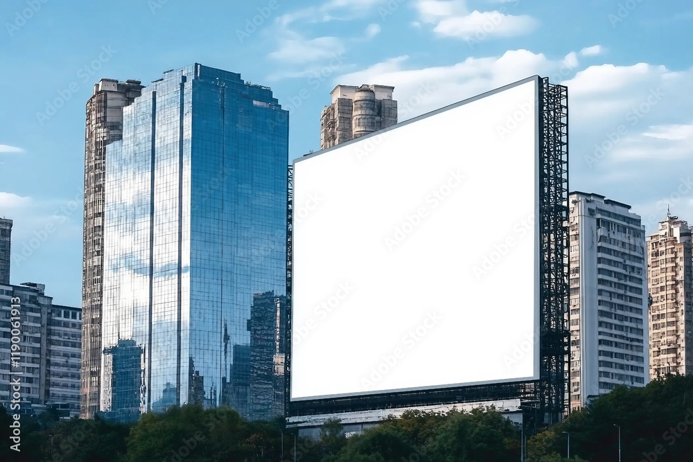 Obraz premium Mock up white vertical large LED display billboard on tower building with blue sky background .clipping path for mockup